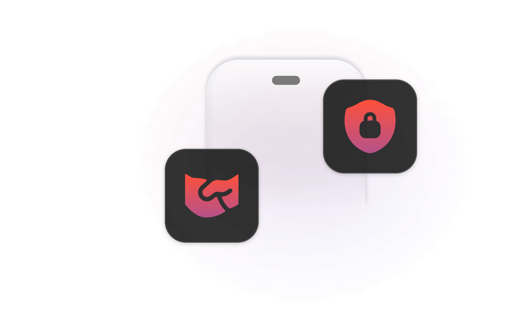 Smartphone displaying security icons, including a shield with a lock and a shield with a hook, representing protection and secure transactions